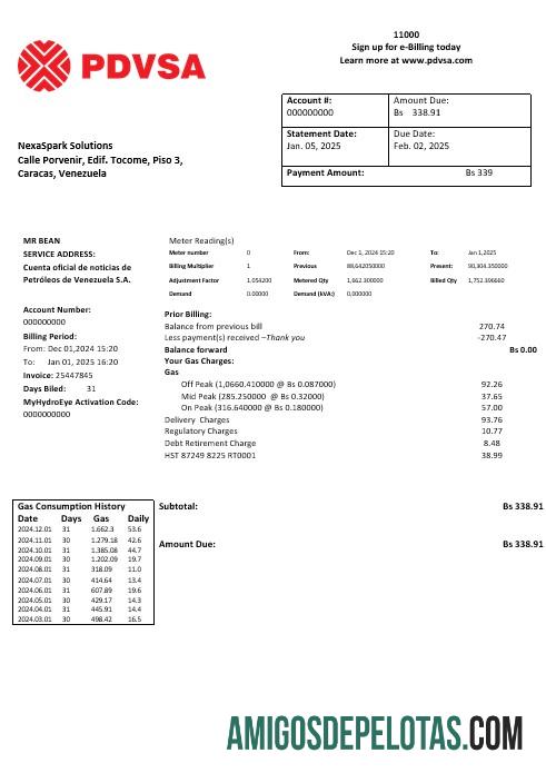imprimível Modelo de fatura de serviços públicos de gás PDVSA da Venezuela em formatos Word e PDF